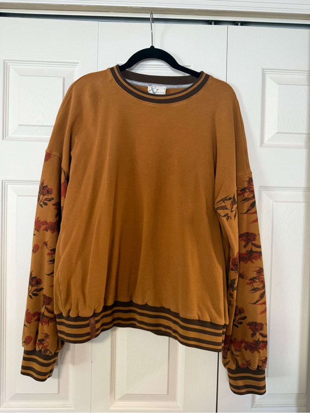 AMPERSAND AVE Rust Crewneck Sweater with Floral Sleeves